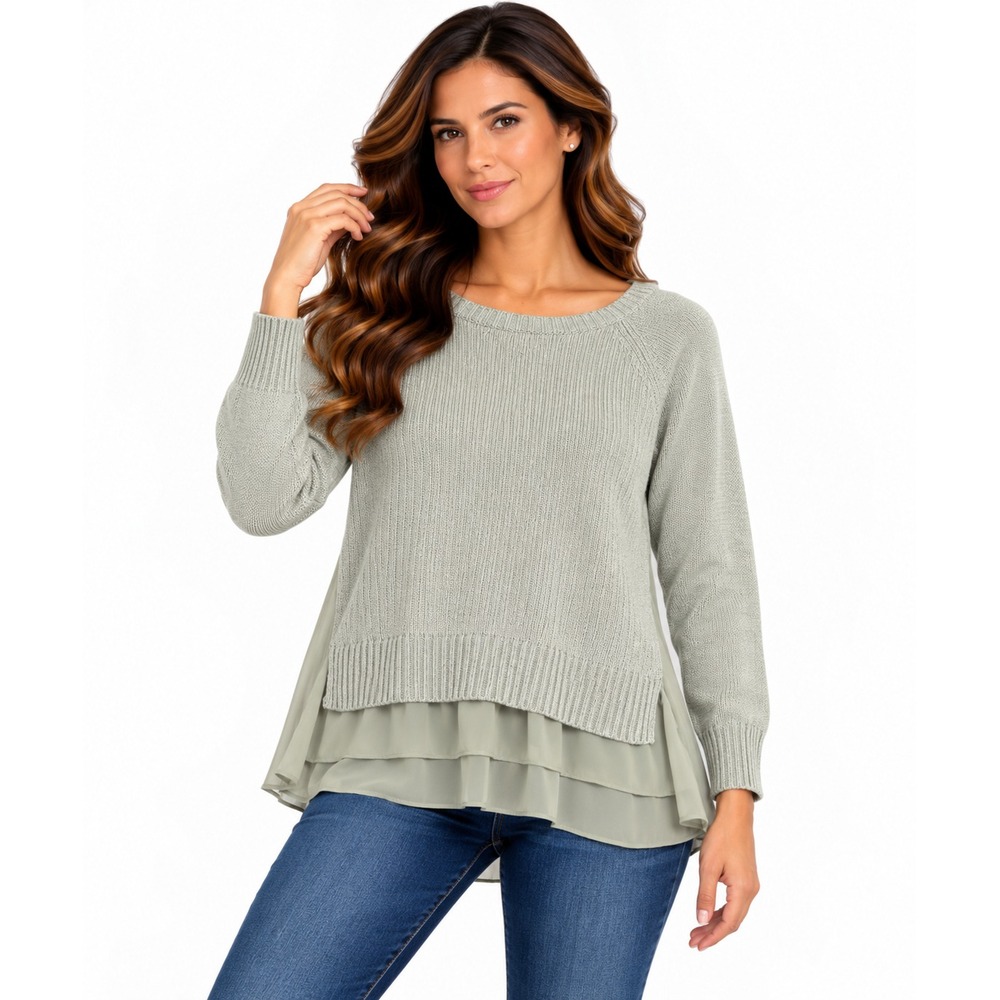 LC Lauren Conrad Sweater Womens Medium Sage Green Chiffon Hem Keyhole Back Tie
